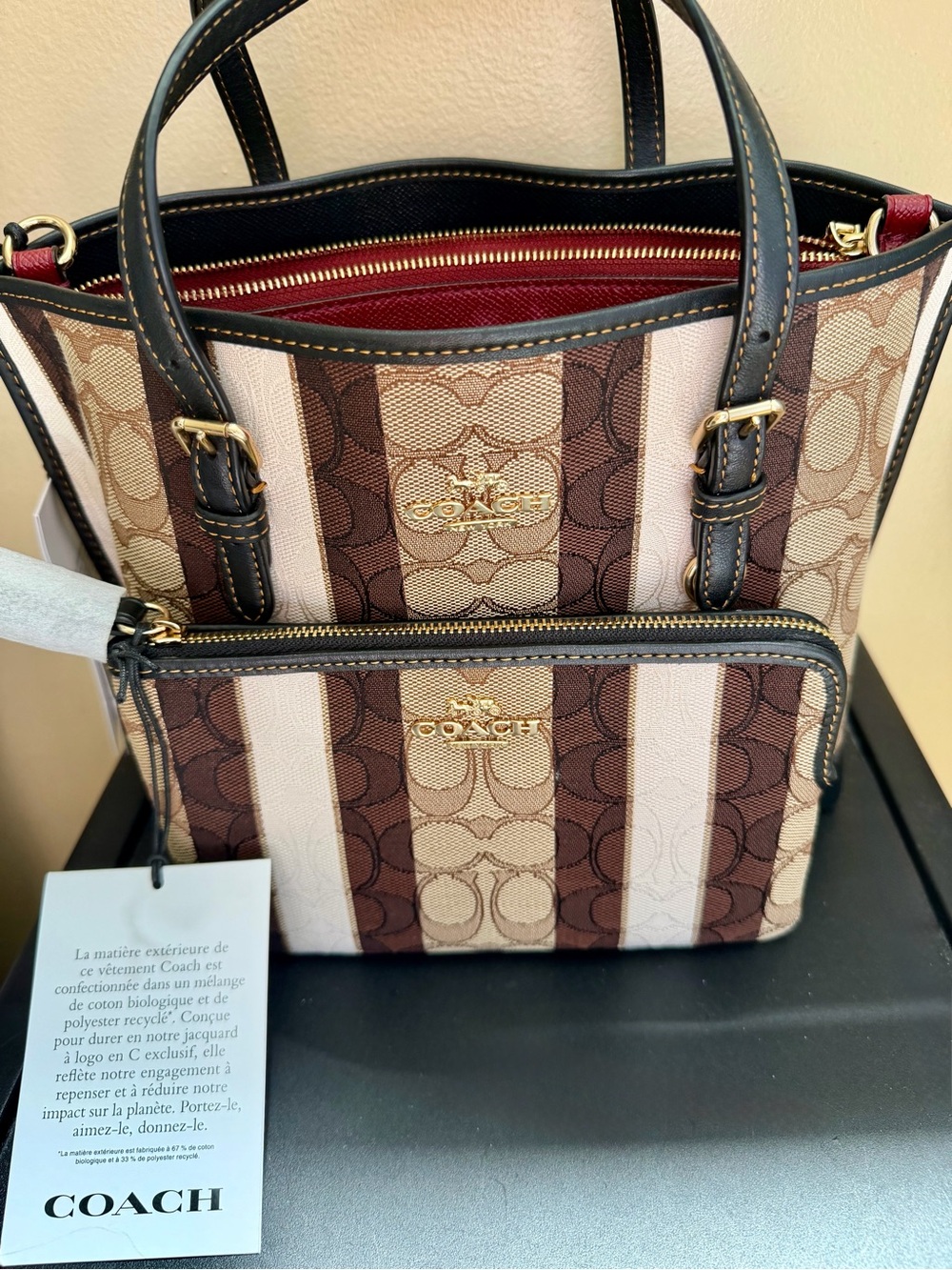 Coach Striped Signature Canvas Tote in Brown, Beige & Cream with Wristlet